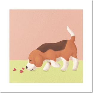 Cute Beagle & Hearts Illustration Posters and Art